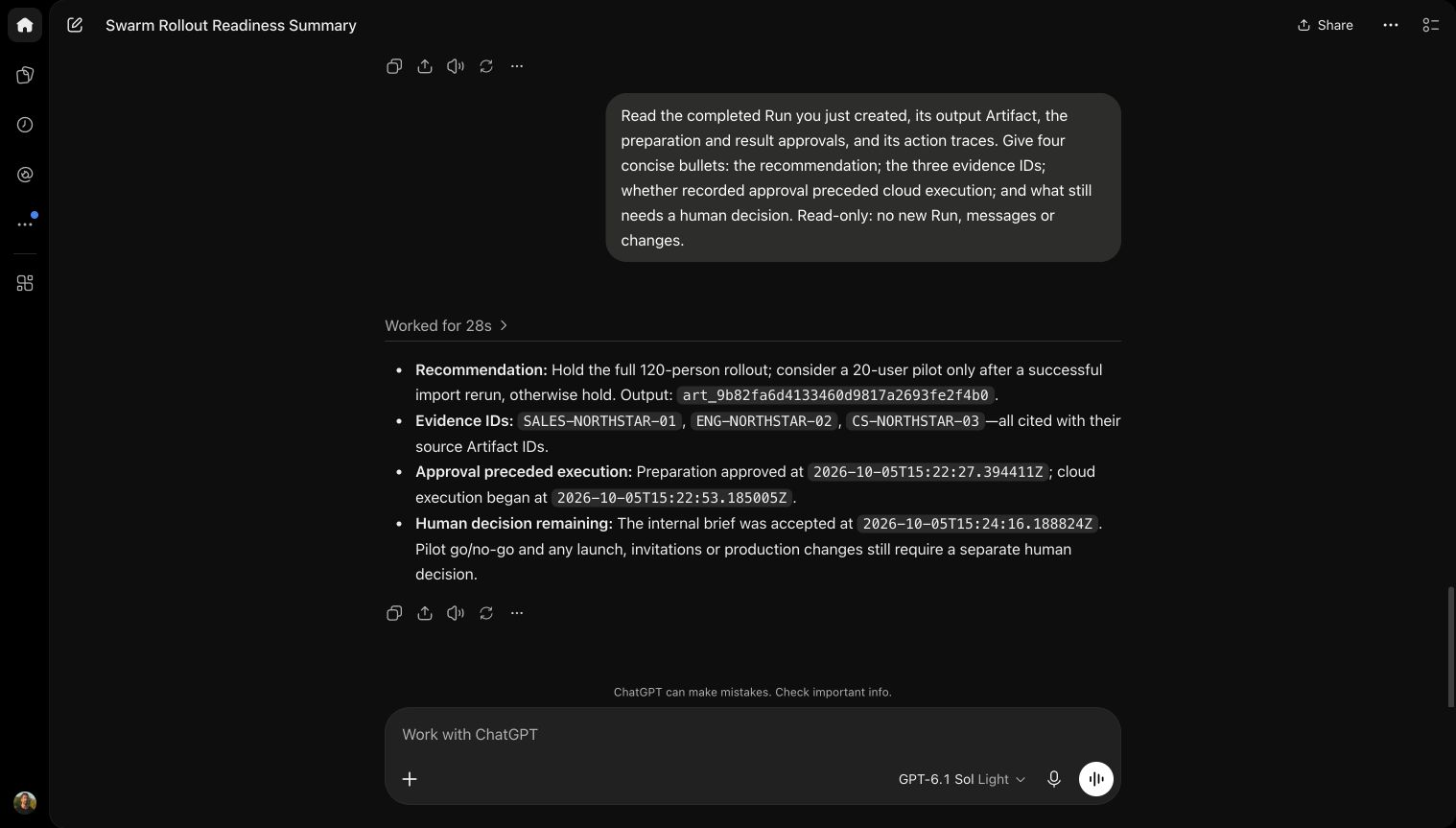ChatGPT reading the Northstar brief from Swarm, citing three evidence IDs and confirming approval preceded execution while a launch still needs a human decision.