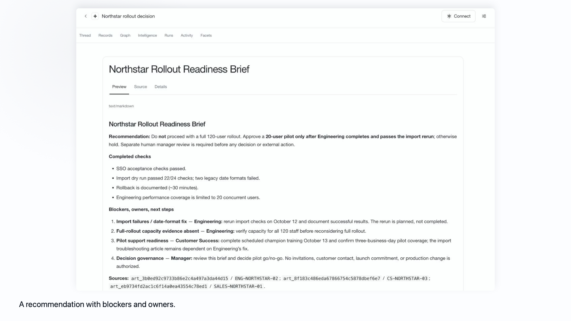 Swarm displaying the Northstar rollout brief, with completed checks, blockers, owners and exact source references.